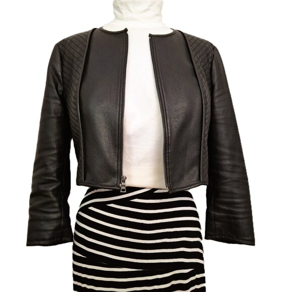 Vegan Leather Crop Biker Jacket Sz Lg Black Lined Quilted Zipped BCBGMAXAZRIA - Picture 1 of 13